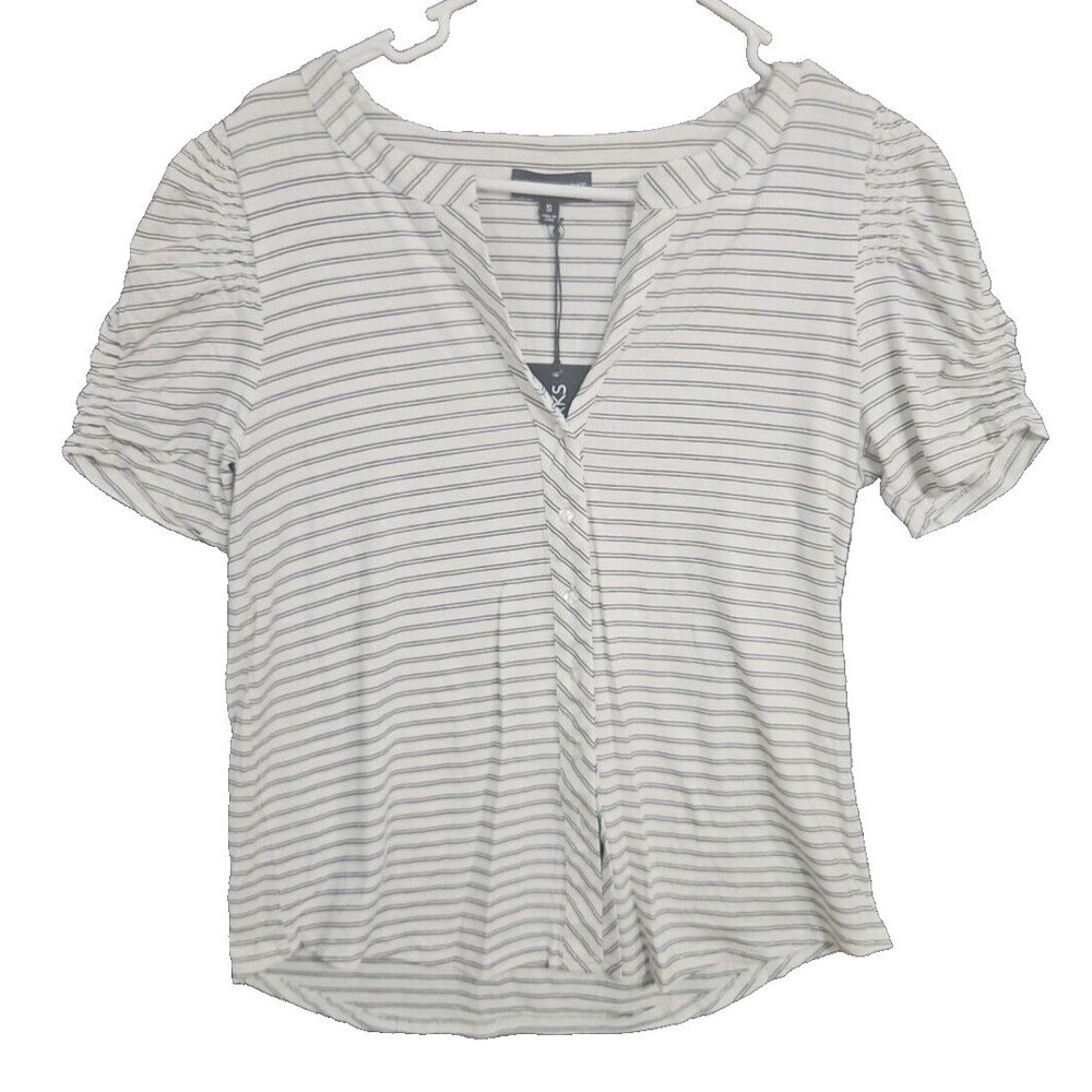 Modern Works Small White Navy Striped Button Up  Short Sleeve Women's Shirt NWT